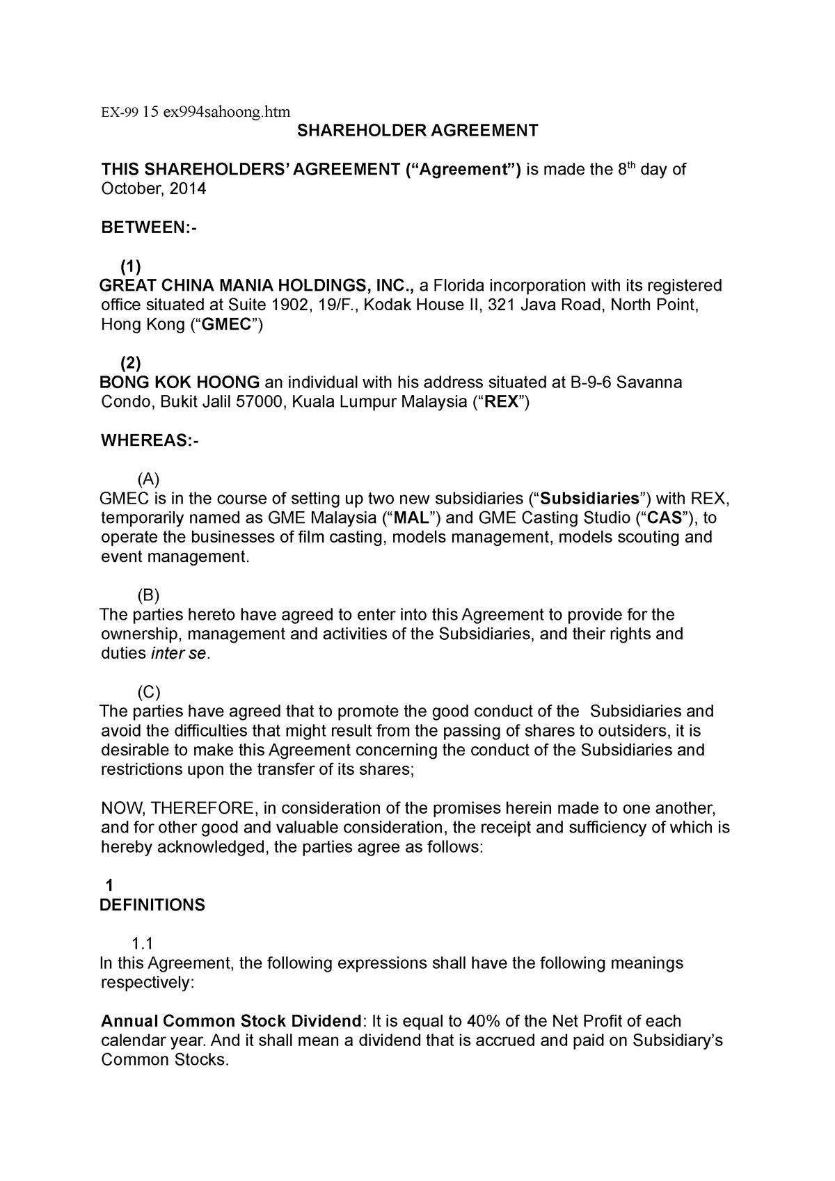 EX SA - shareholder agreement - Foundation In Law - MMU - Studocu