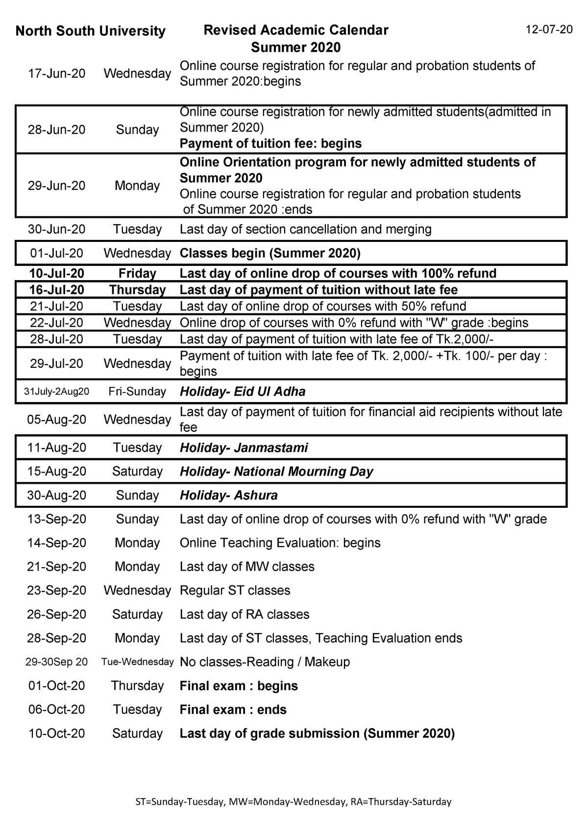 Academic Calendar Summer 2020 Revised 12072020 North South University