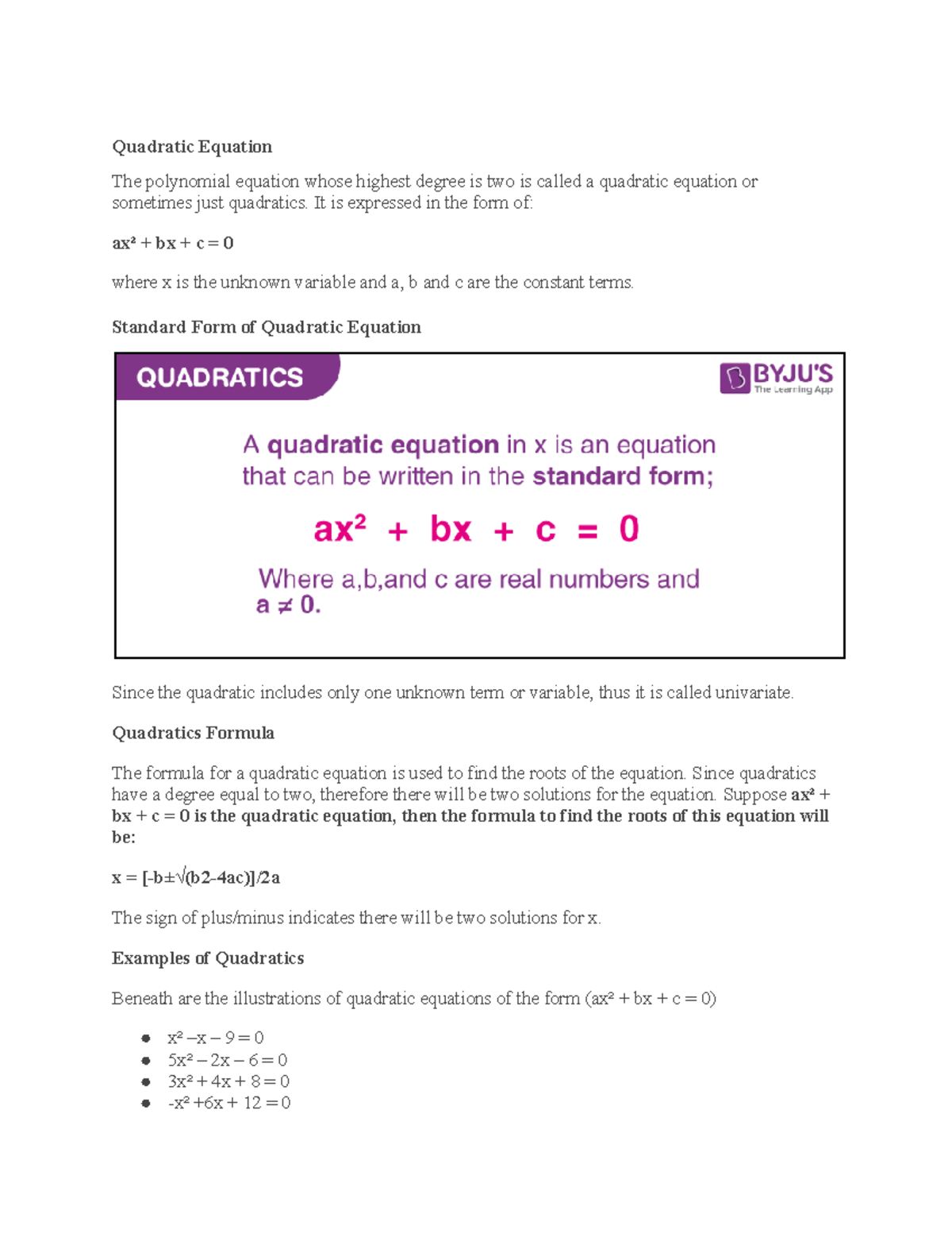 1.6 Quadratics and Cubic - Quadratic Equation The polynomial equation ...