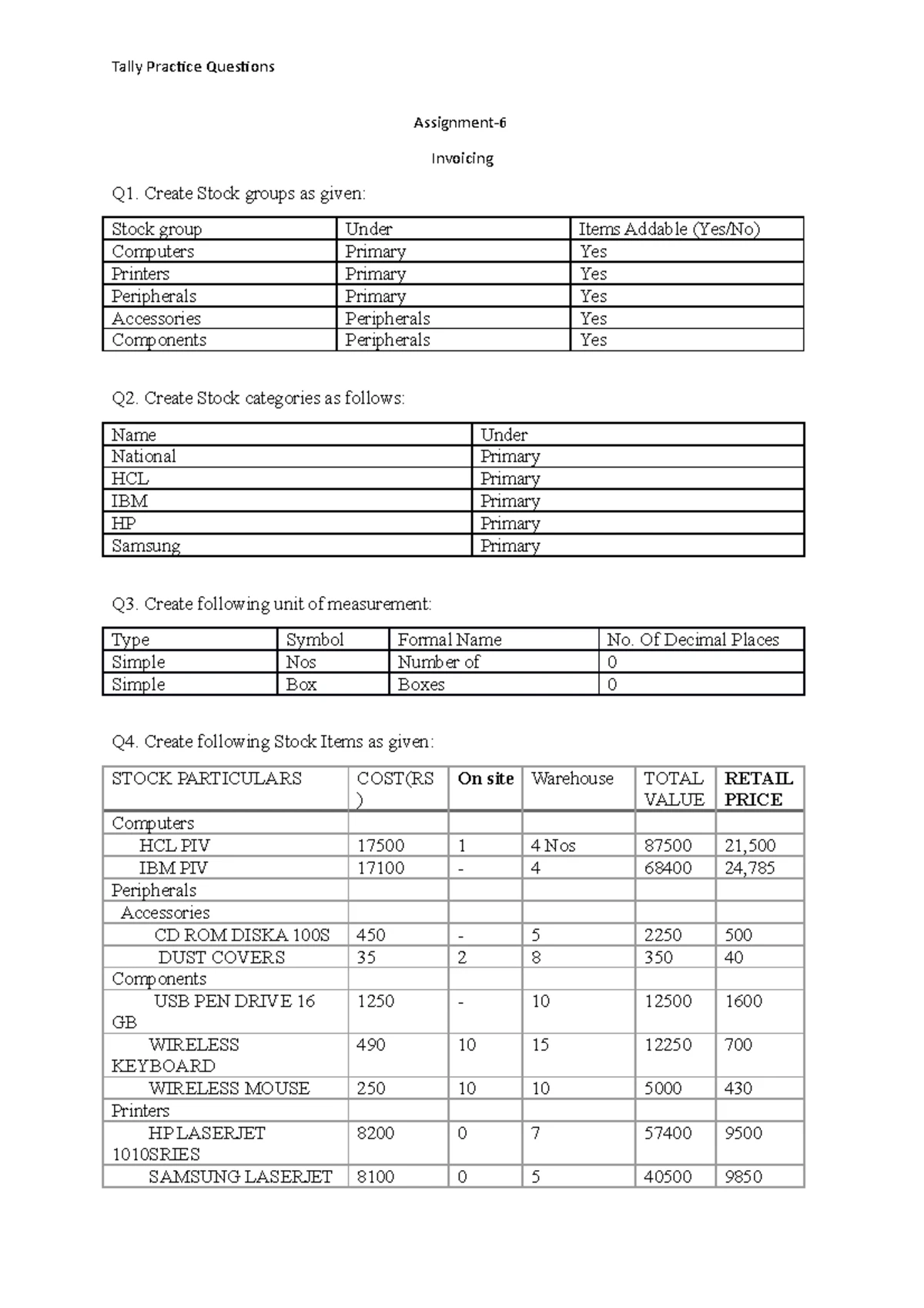 6 Journal Entries Ques Questions For Practice Of Tally Step By Step Basic Questions For Tally