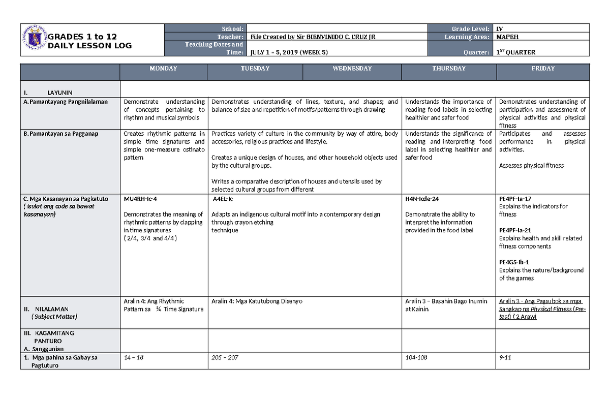 DLL Mapeh 4 Q1 W5 - Notes - GRADES 1 To 12 DAILY LESSON LOG School ...