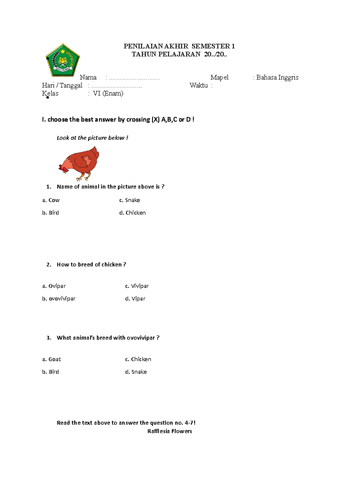 Soal Pas B Ing Kelas 6 English Penilaian Akhir Semester 1 Tahun