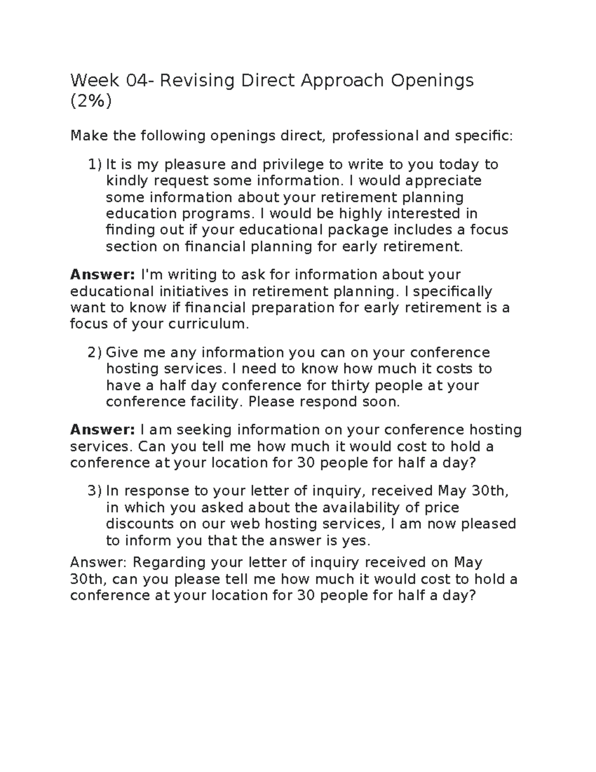 Assignment 1 - Revising Direct Approach Openings - Week 04- Revising ...