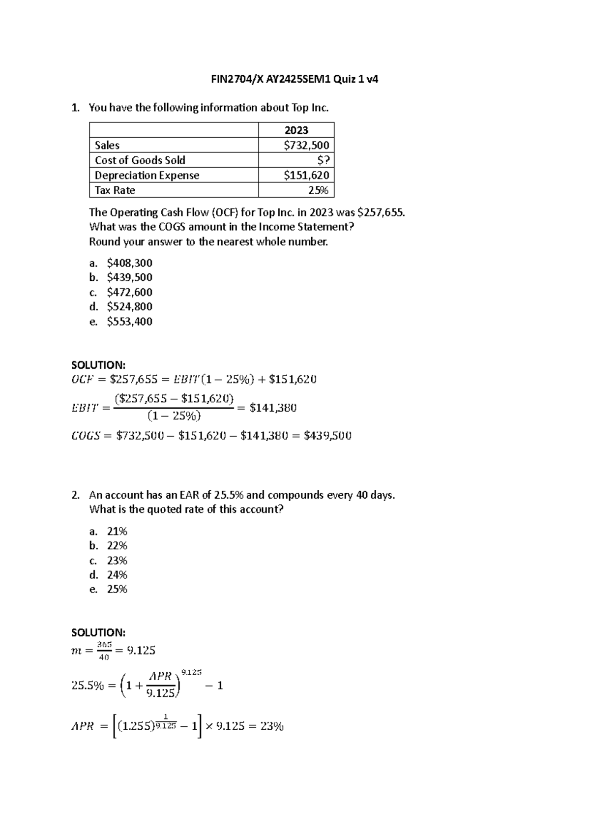 Quiz+1+v4+Solutions - One of the quizzes - FIN2704/X AY 2425 SEM 1 Quiz ...