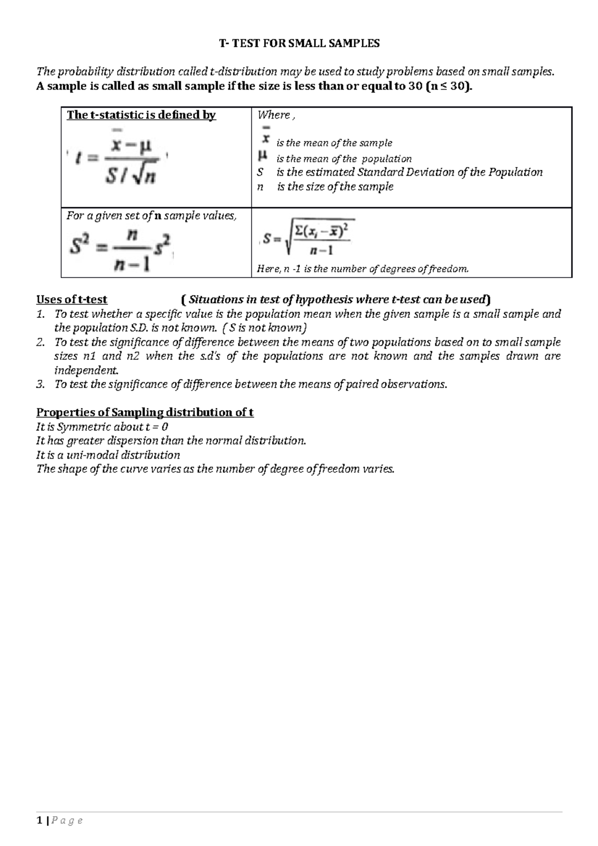 Statistics UNIT FIVE - T TEST-1 - T- TEST FOR SMALL SAMPLES The ...