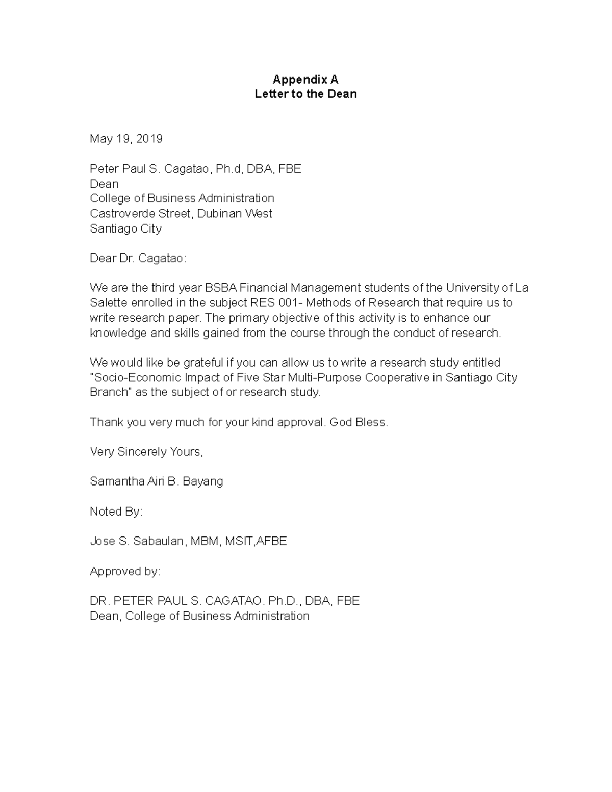 Appendices Final edit - Appendix A Letter to the Dean May 19, 2019 ...