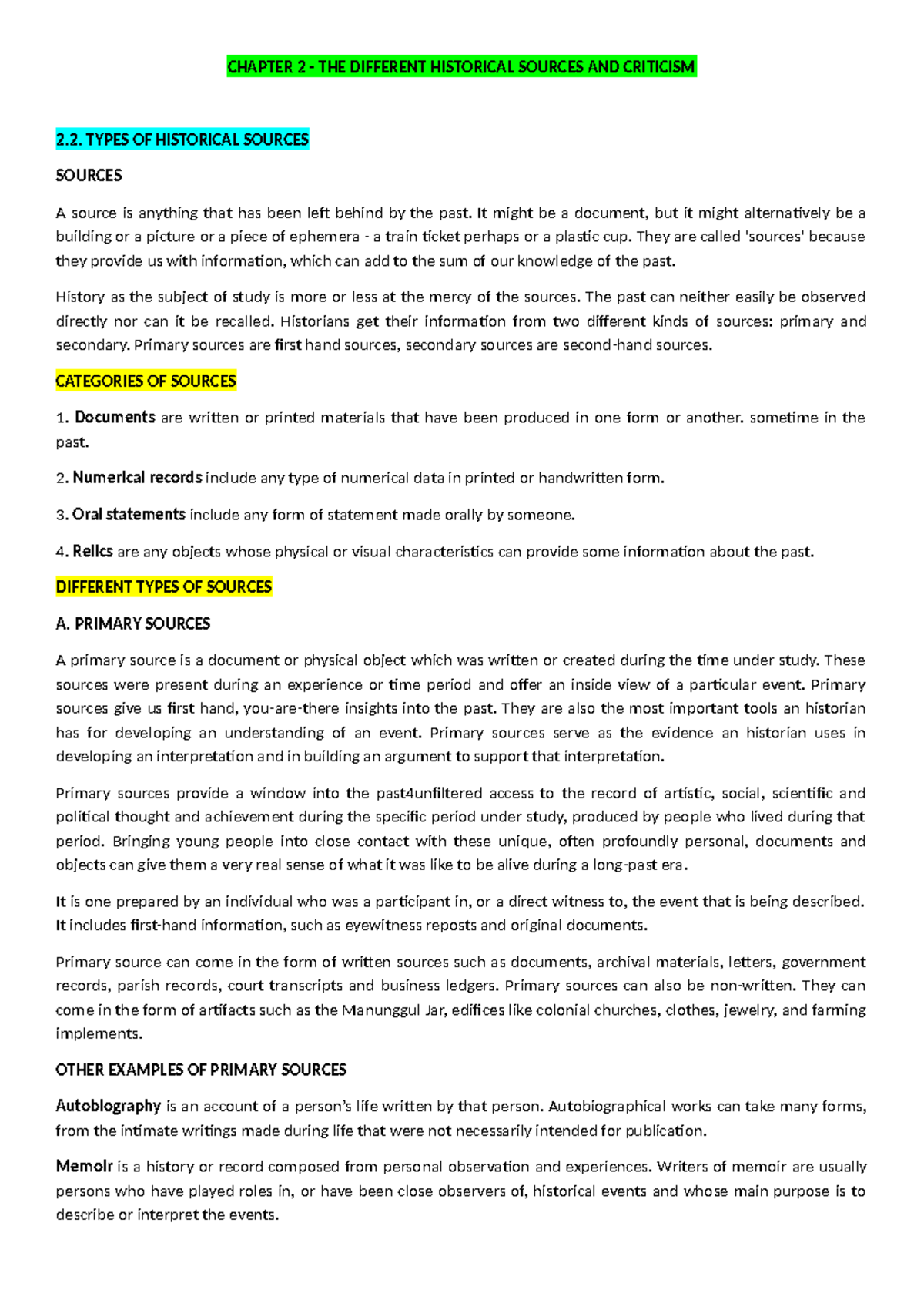 RPH Notes Chapter 2 - CHAPTER 2 - THE DIFFERENT HISTORICAL SOURCES AND ...