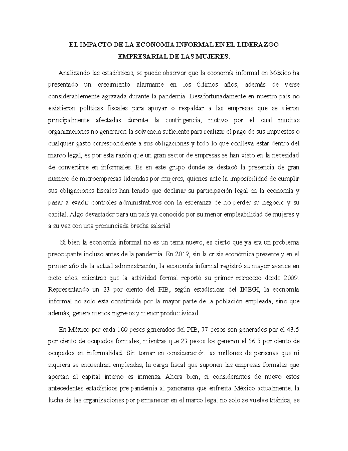 Ensayo Economia Informal El Impacto De La Economia Informal En El