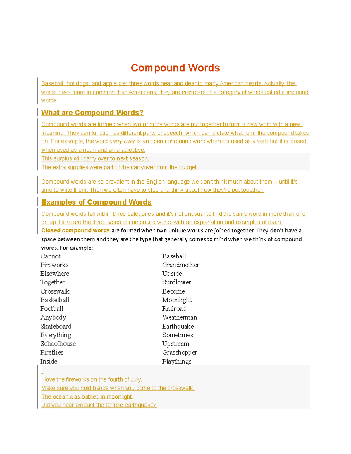 Compound Words - Handouts - Compound Words Baseball, hot dogs, and ...