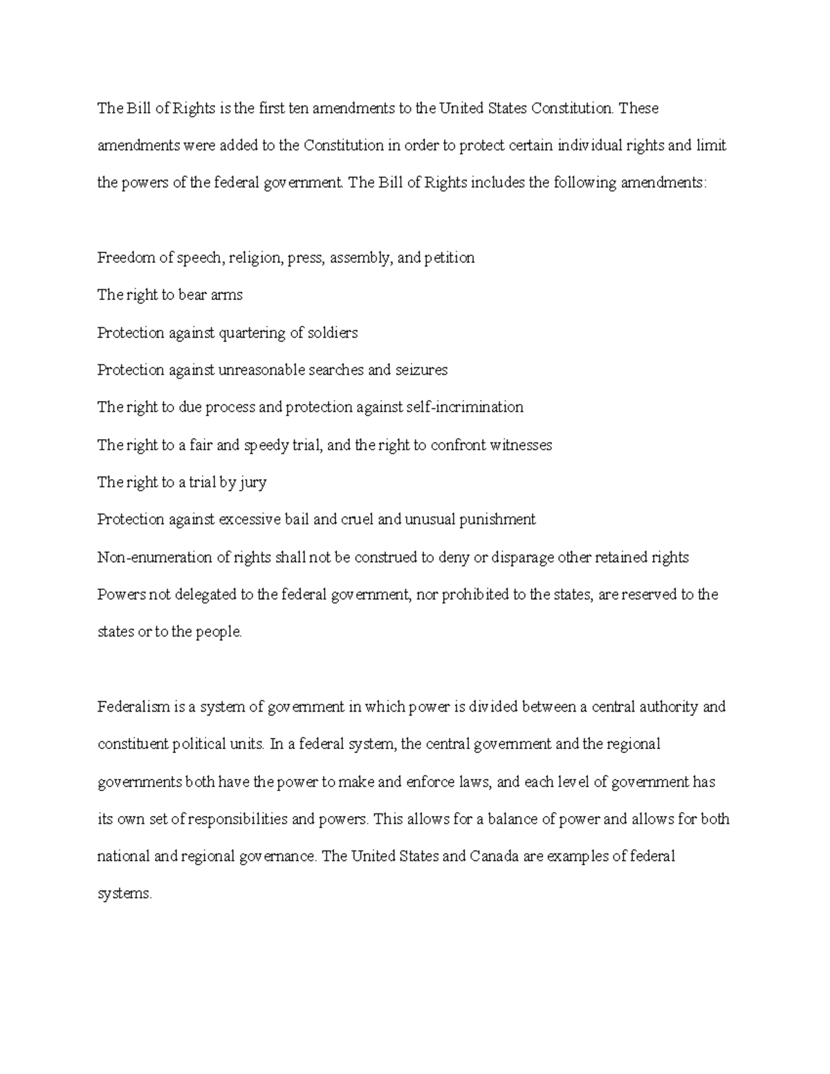 Bill of rights and Federalism - The Bill of Rights is the first ten ...