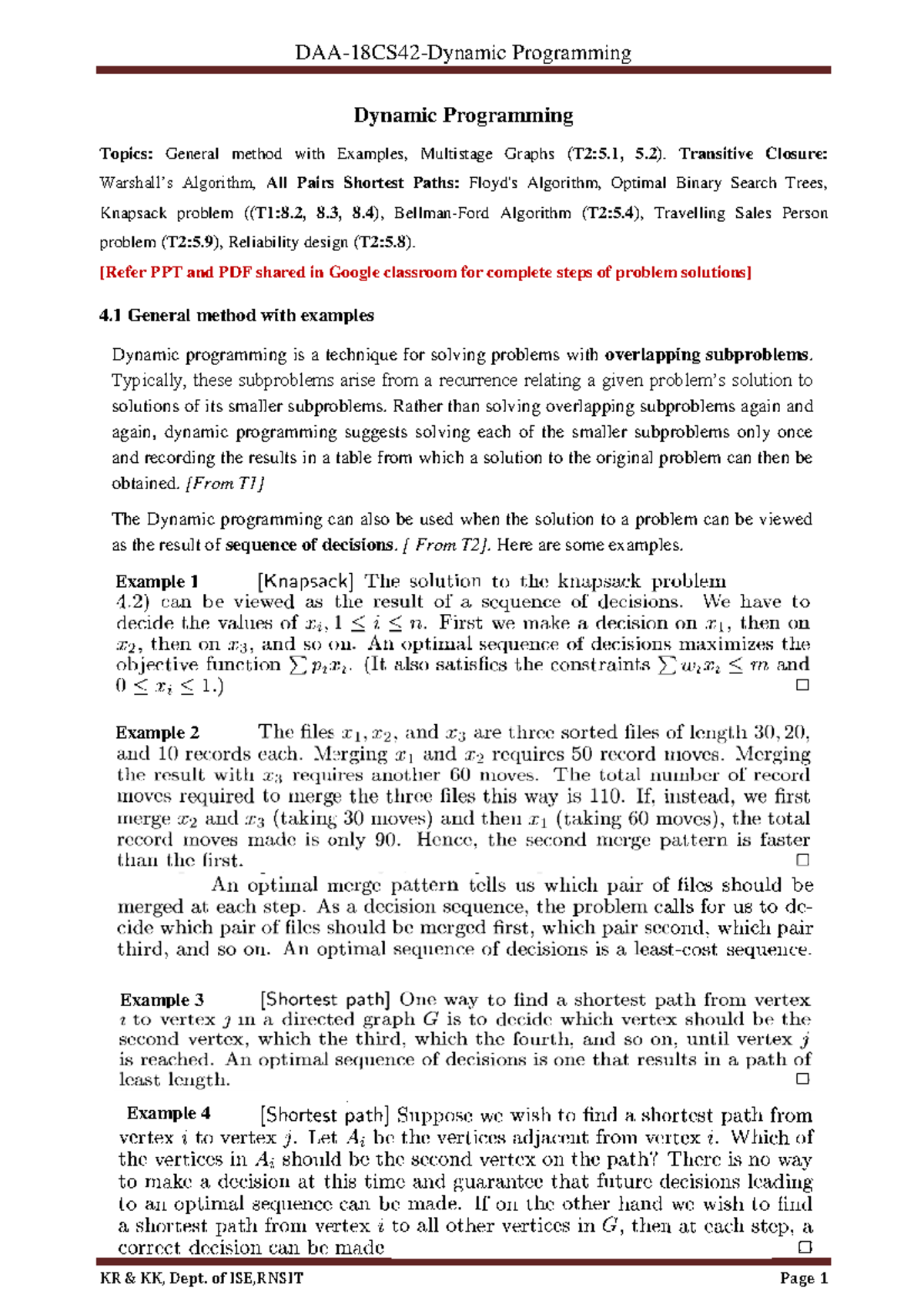 DAA M4 - Example 1 Example 2 Example 3 Example 4 Dynamic Programming ...