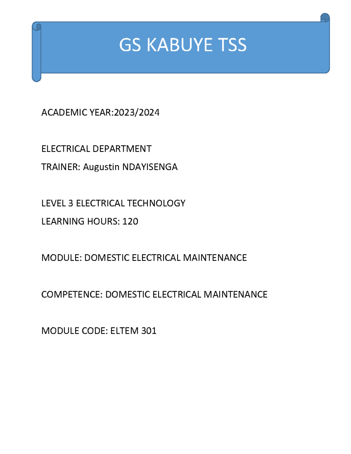 Domestic electrical maintenance notes ACADEMIC YEAR2023/ ELECTRICAL