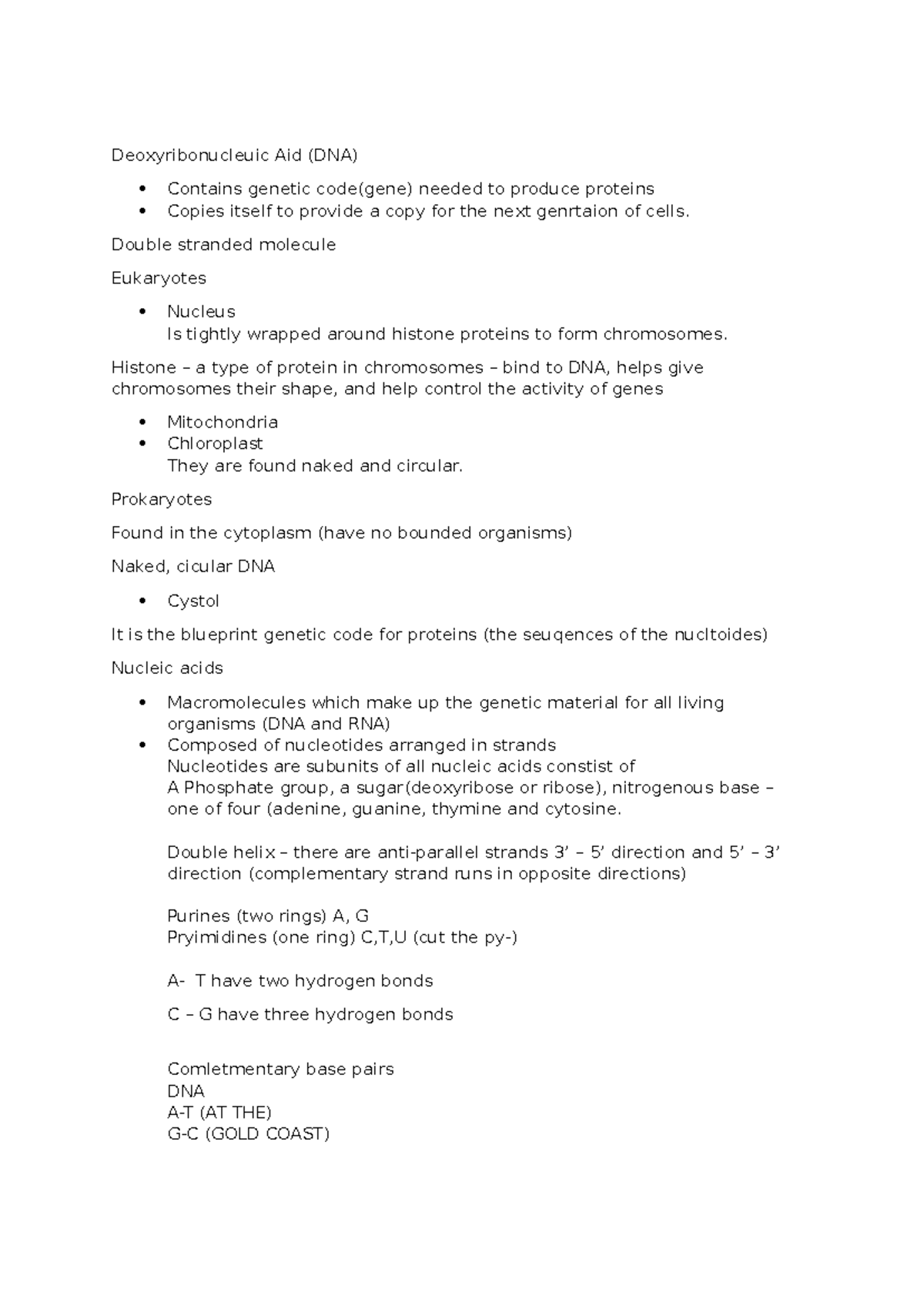 Biology notes unit 4 - Unit 4 concepts - Deoxyribonucleuic Aid (DNA ...