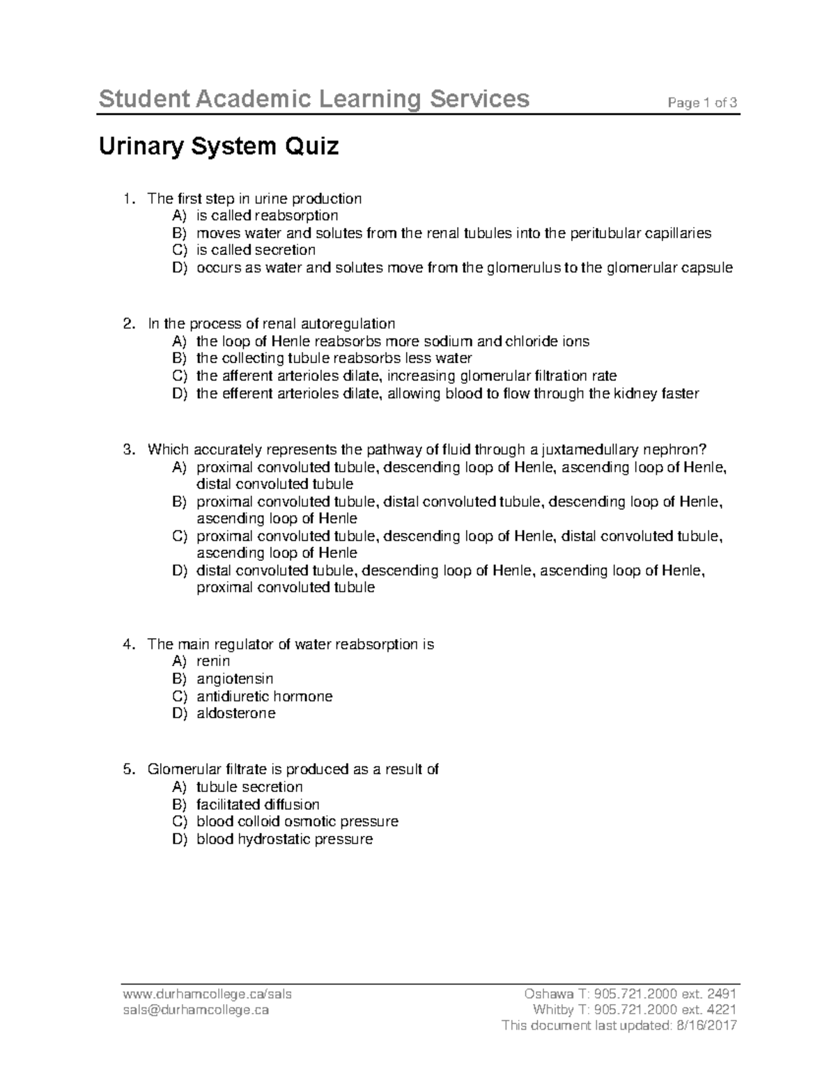 Urinary System Quiz - Anatomy - Student Academic Learning Services Page ...