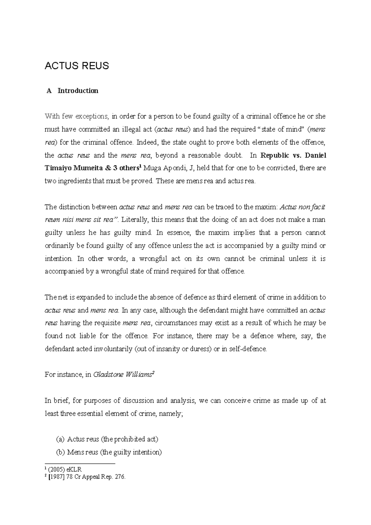 Actus Reus - ACTUS REUS A Introduction With few exceptions, in order ...