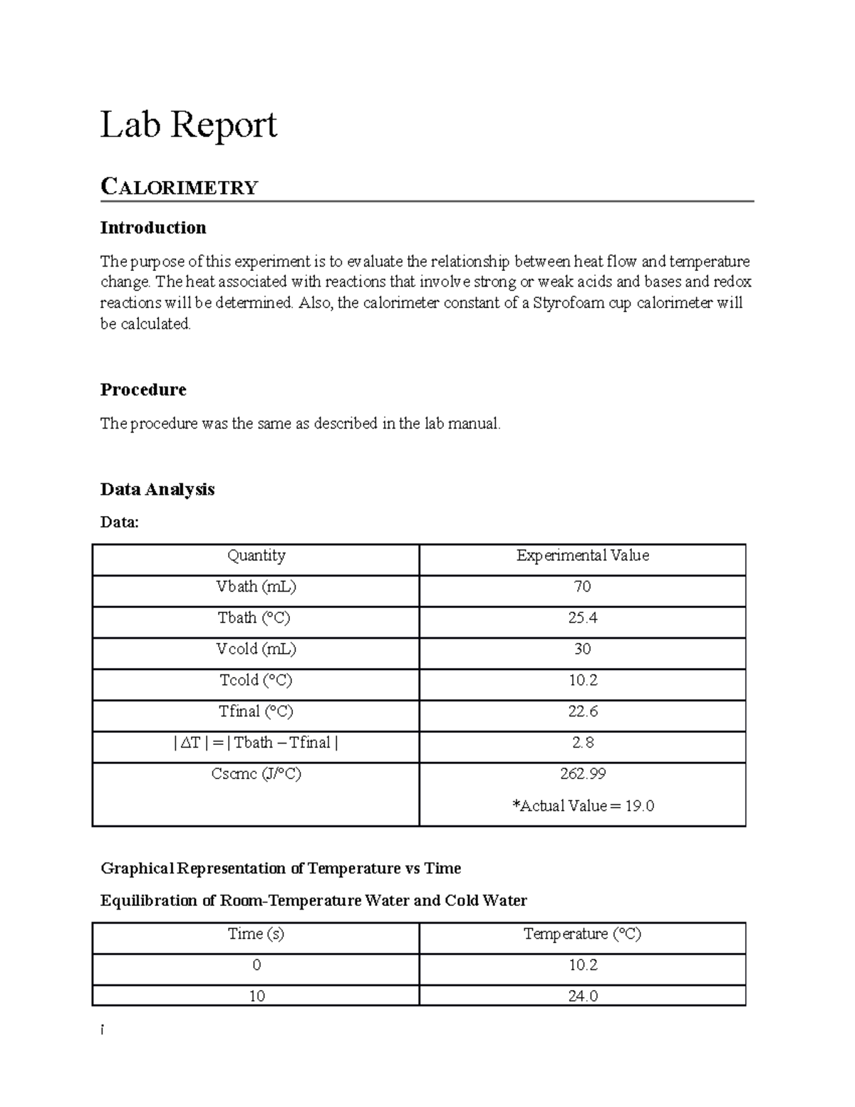 Lab Report Calorimetry - Lab Report CALORIMETRY Introduction The ...