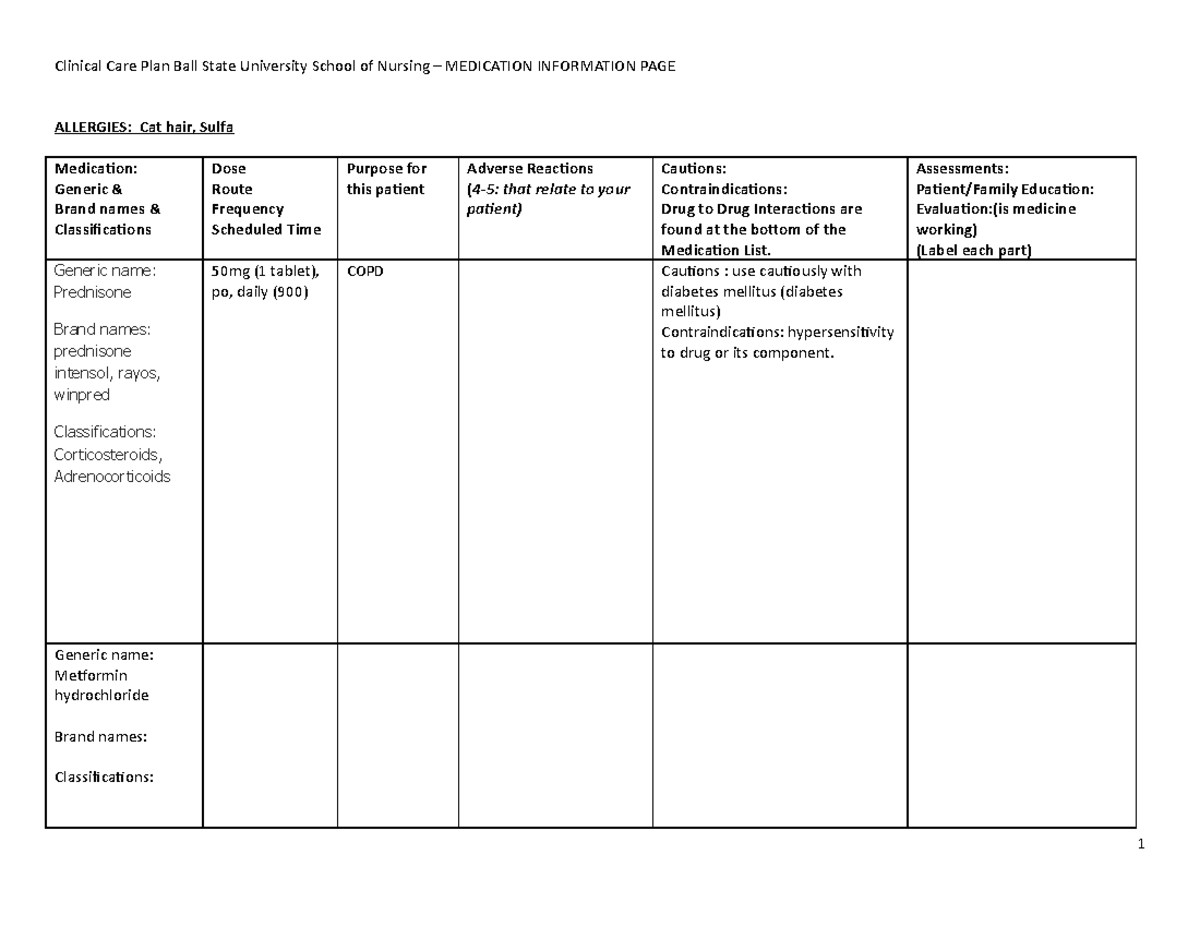 Medication Information Page Blank - Clinical Care Plan Ball State ...