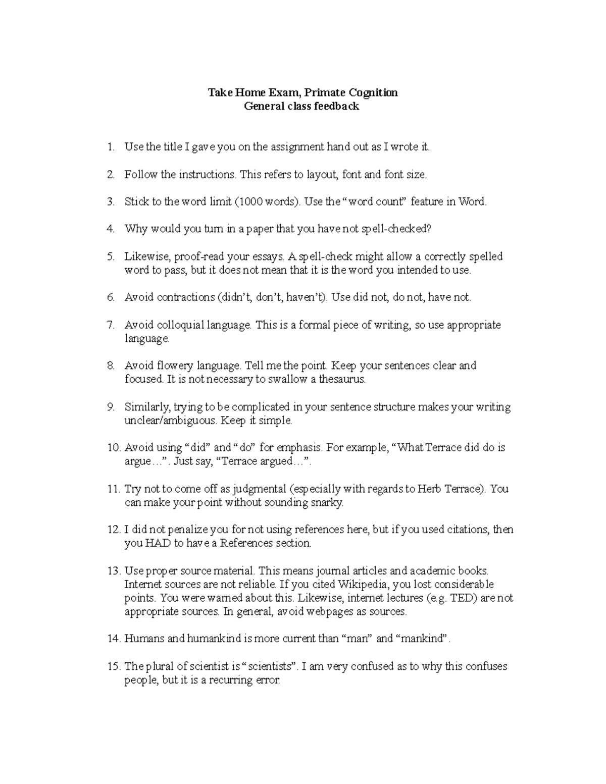 Graham Writing tips - Take Home Exam, Primate Cognition General class ...