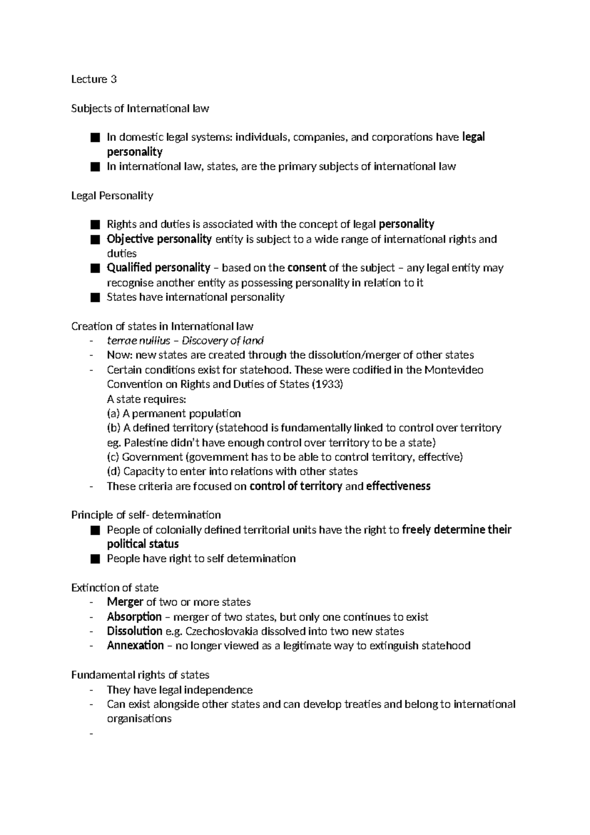 Lecture 3 - subjects - notes - Lecture 3 Subjects of International law ...