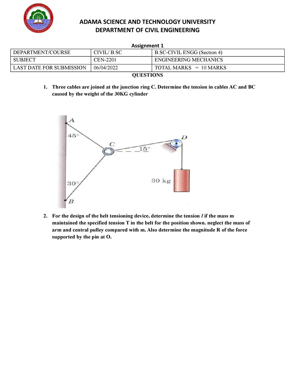 Assignment 1 - DEPARTMENT OF CIVIL ENGINEERING Assignment 1 DEPARTMENT ...