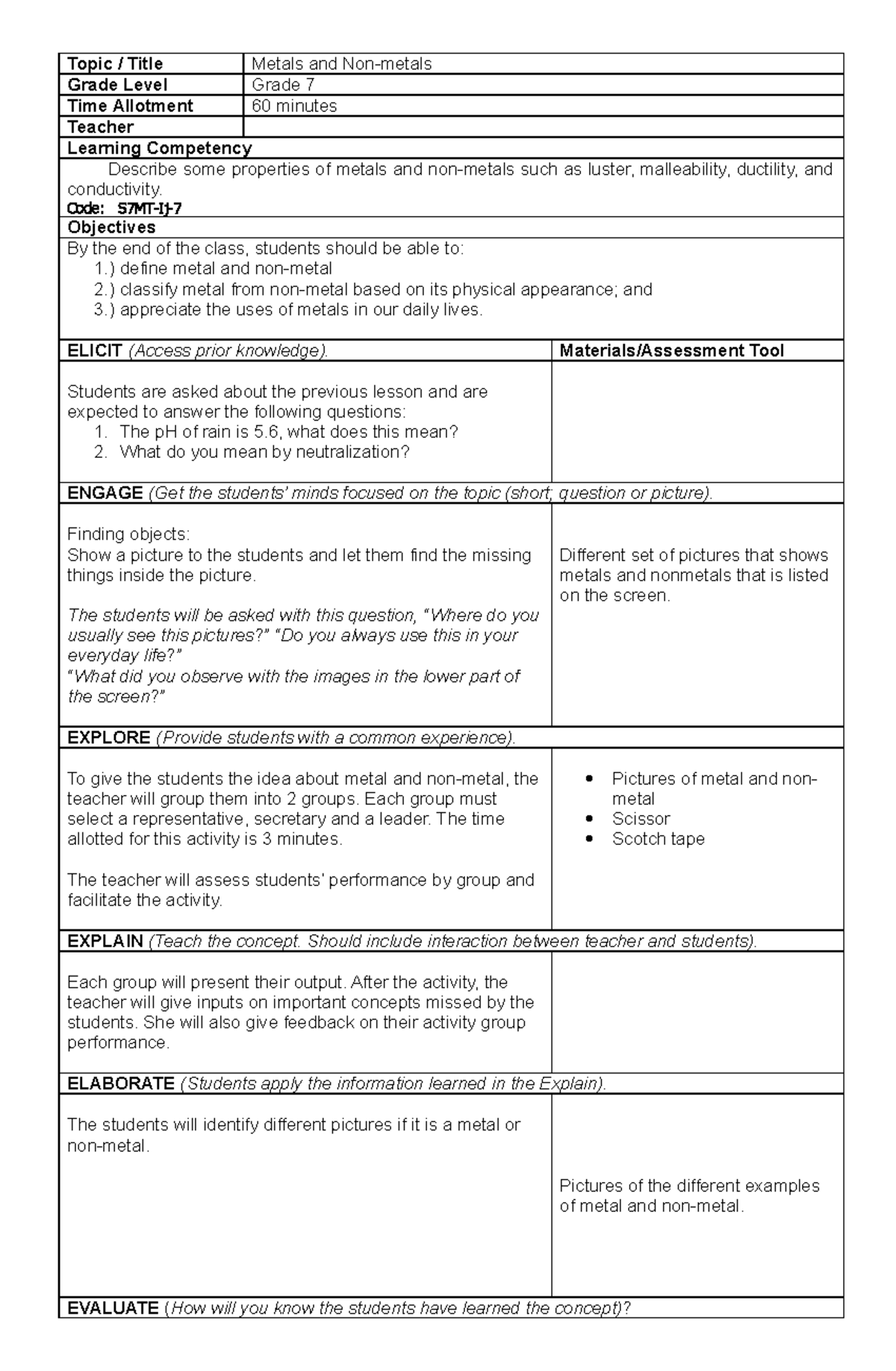 384999207 Lesson Plan 7E s Metals and Non metals doc - Topic / Title ...