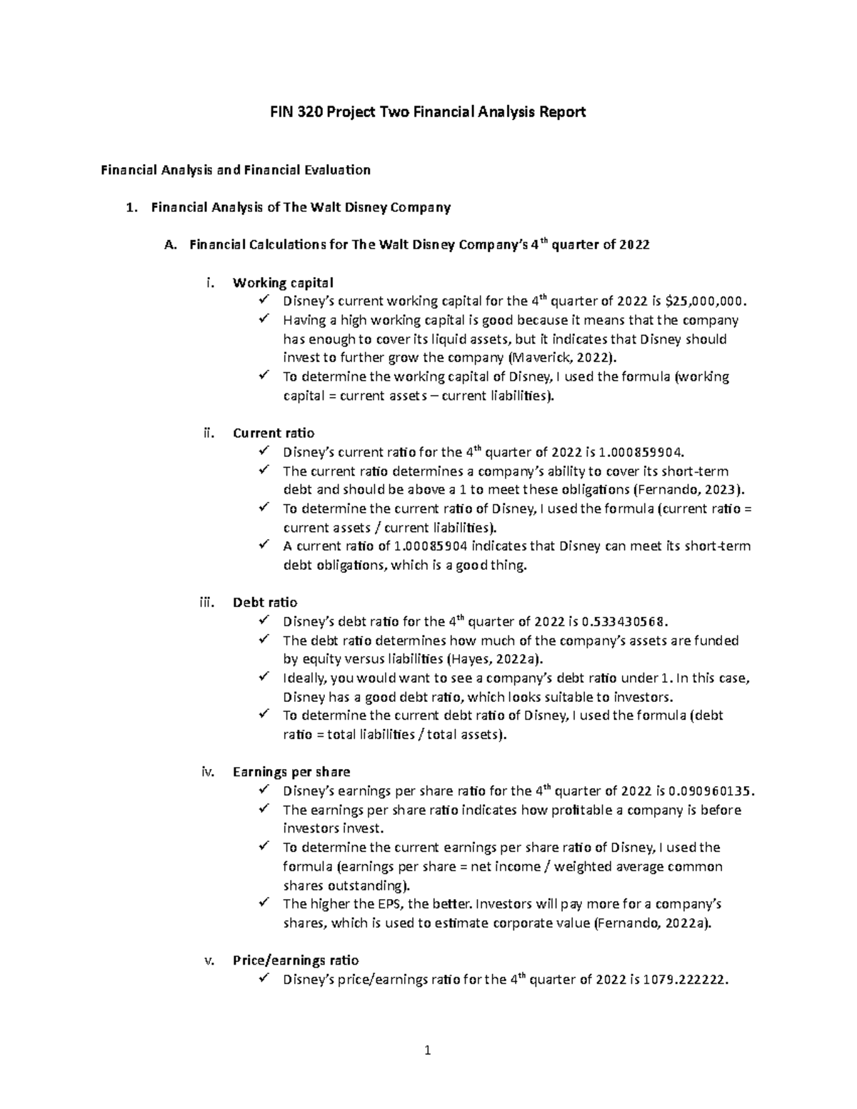FIN 320 Project Two Financial Analysis Report - Financial Calculations ...