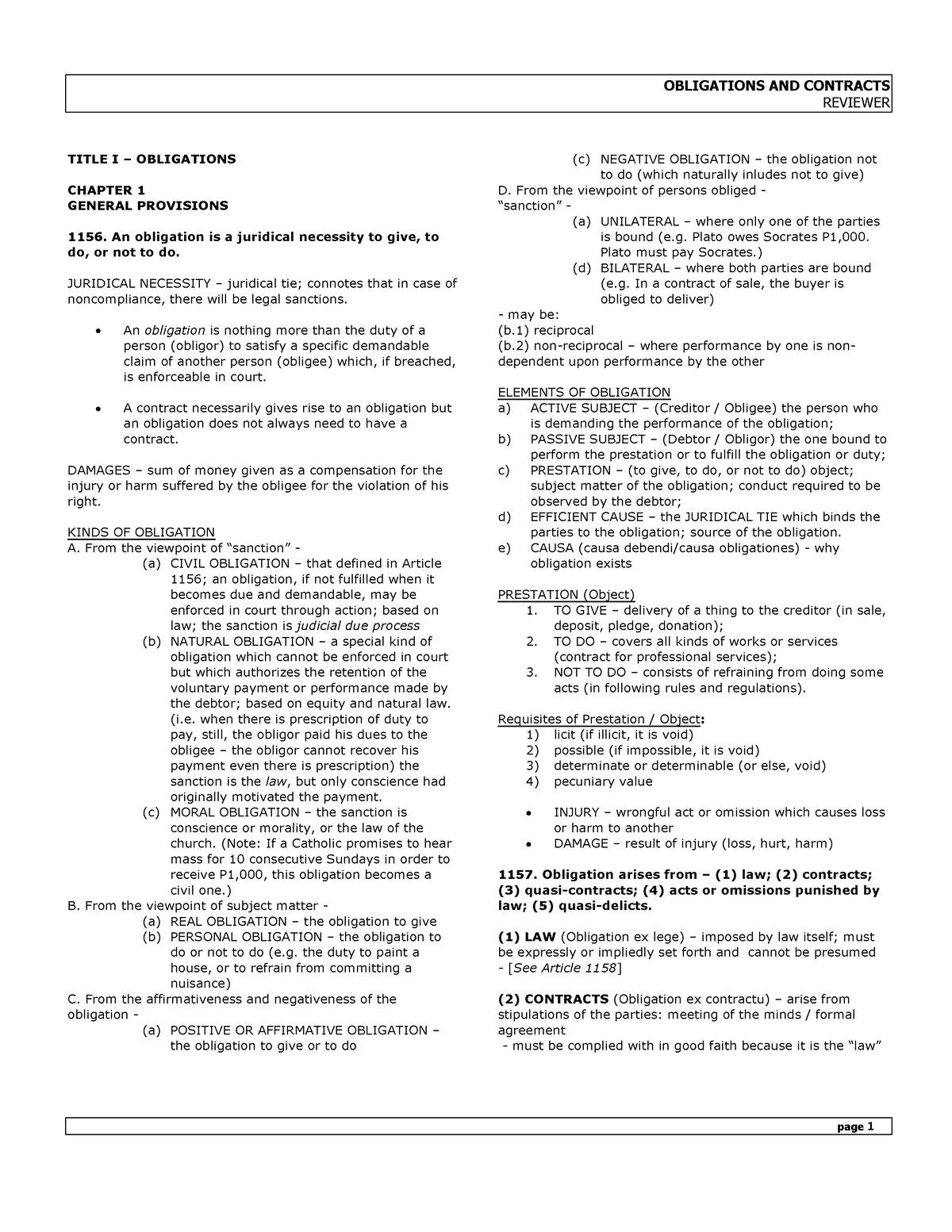 Obli Con - Oblicon - The Law On Obligations And Contracts - REVIEWER ...