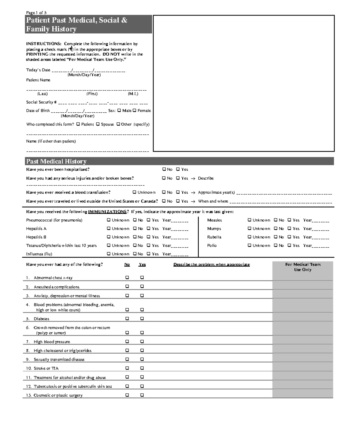 Medical History Questionnaire - Patient Past Medical, Social & Family ...