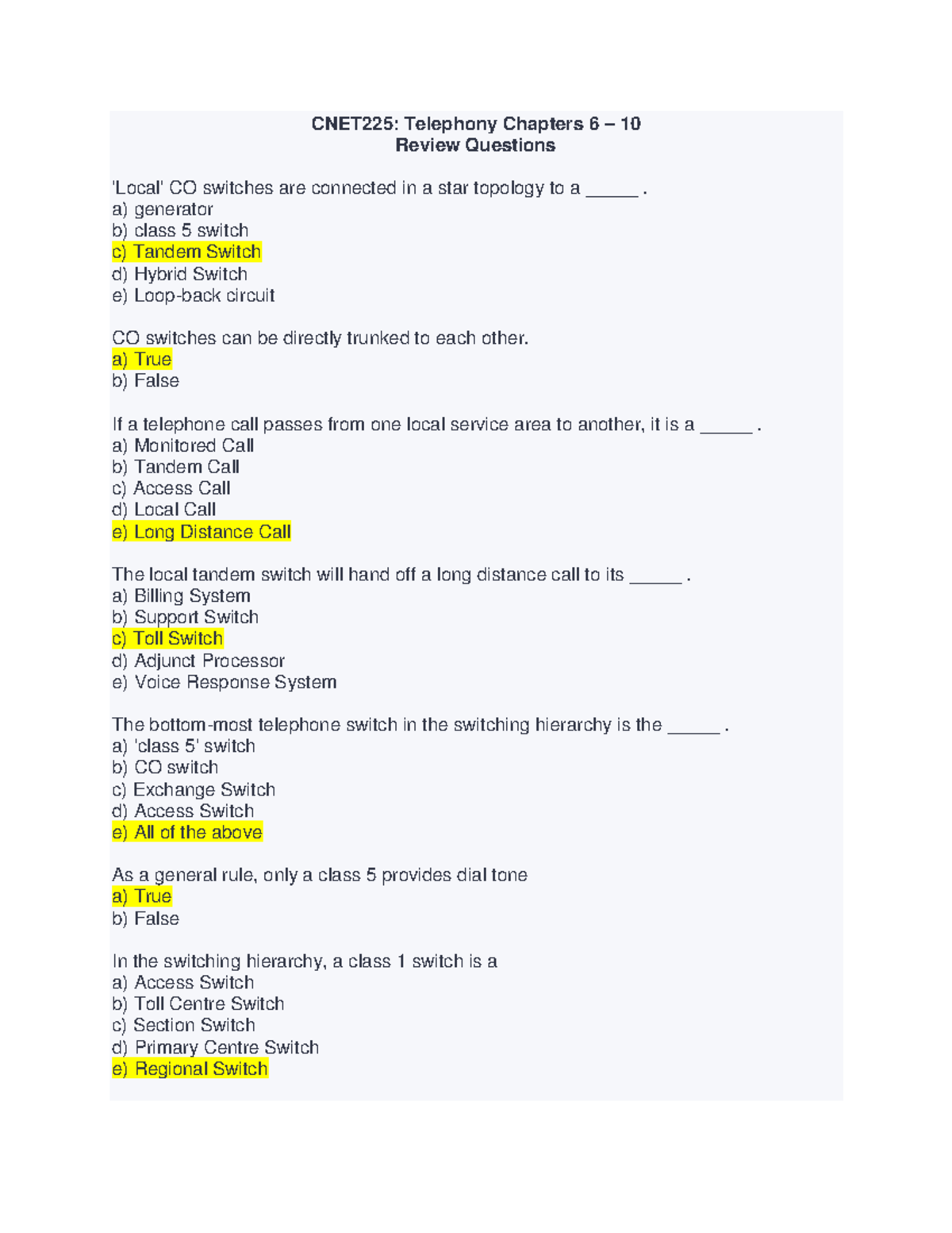CNET 225 Telephony Chapters 6 - 10 Review Questions - CNET225 ...