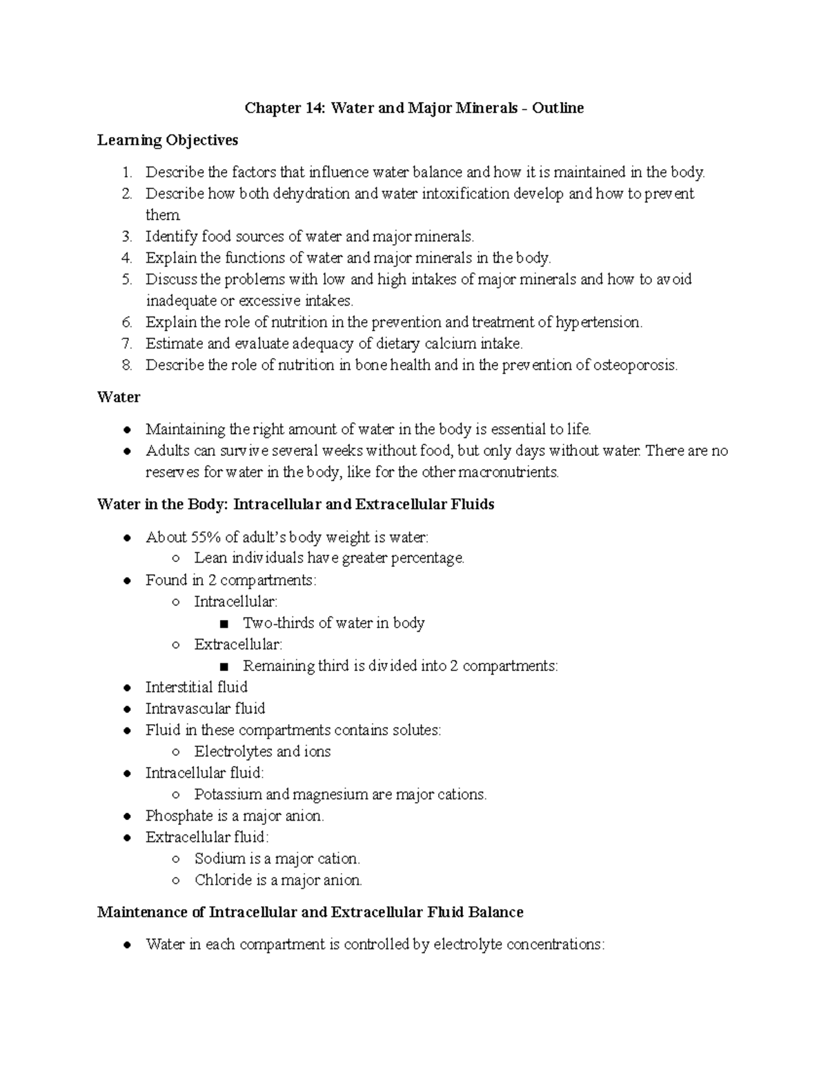 Chapter 14 Notes - Chapter 14: Water and Major Minerals - Outline ...