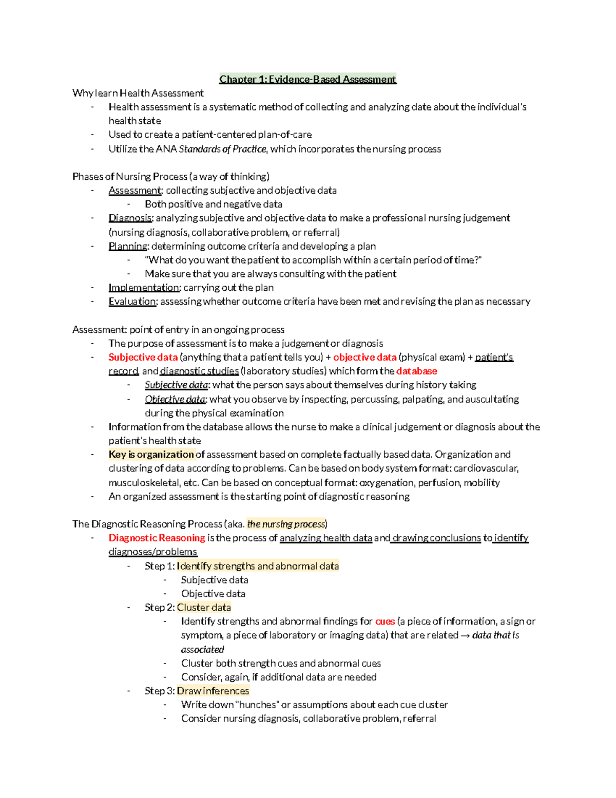 Health Assessment Exam 1 Notes - Chapter 1: Evidence-Based Assessment ...