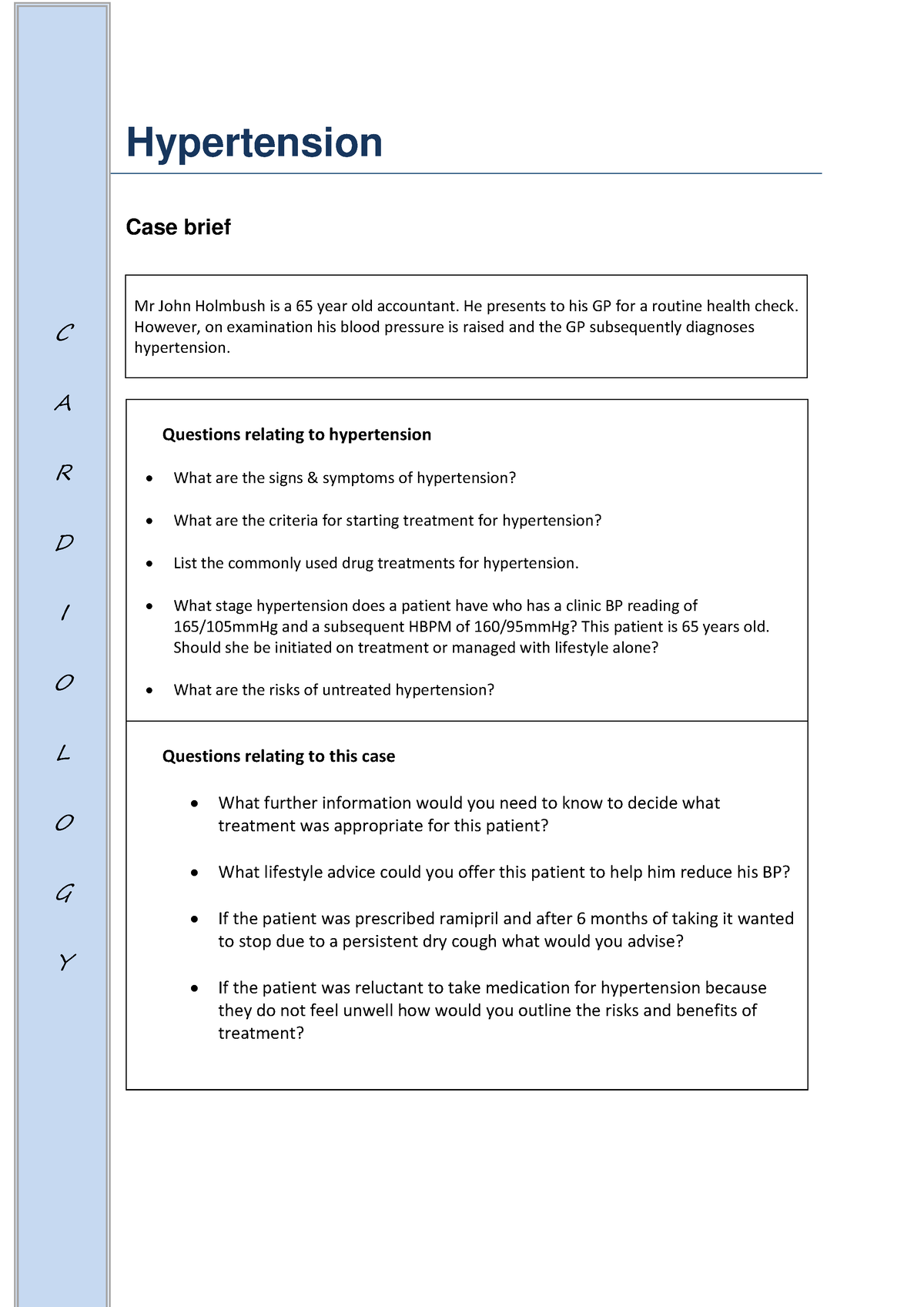 PYM38 Hypertension Case Study - Hypertension Case brief Questions