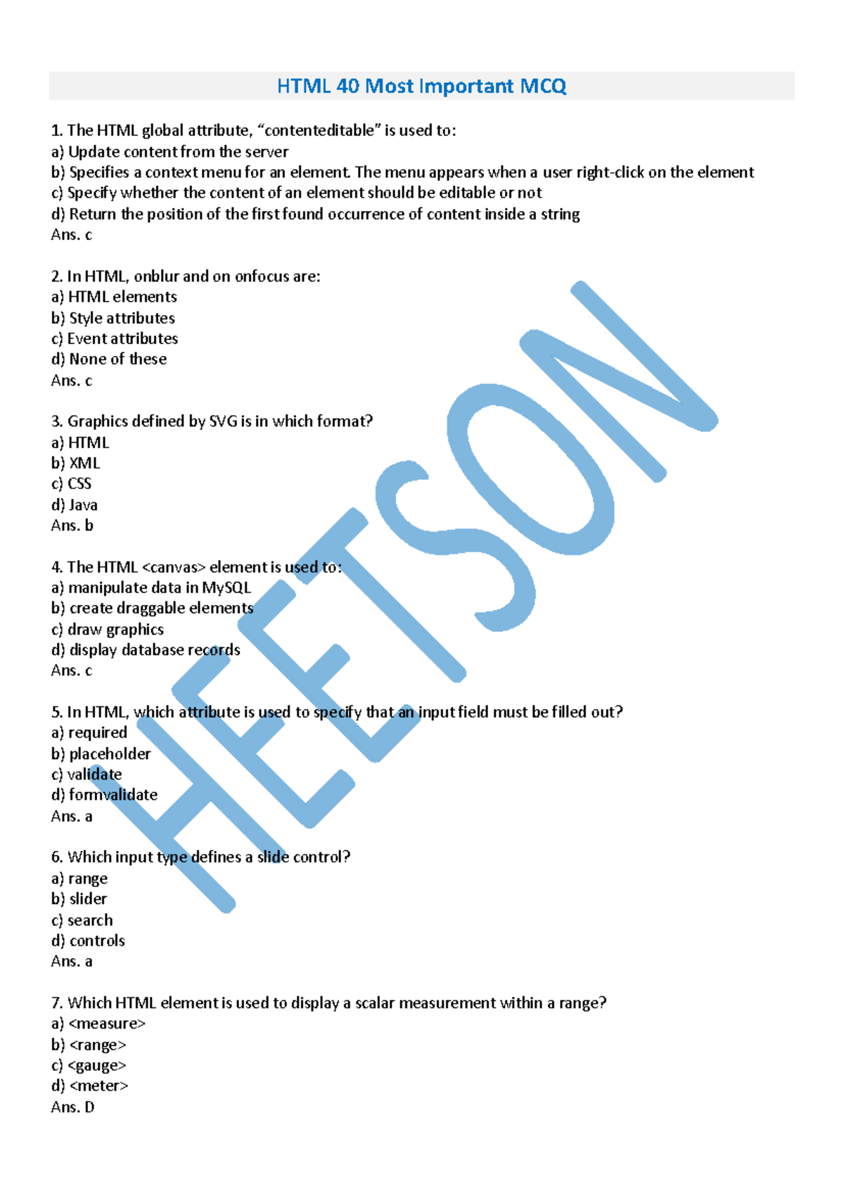 Html questions and answers - HTML 40 Most Important MCQ The HTML global ...
