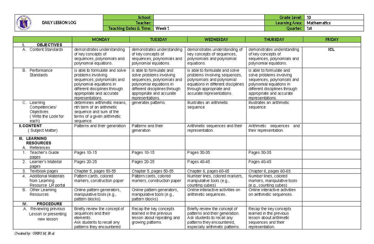 lesson plan for quarter 1 - DAILY LESSON LOG School: Grade Level: 10 ...