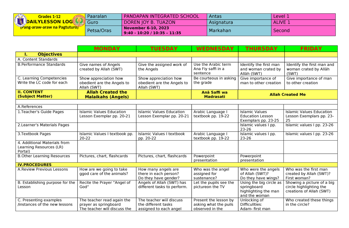 Alive 1 DLL 2023- 2nd - Grades 1- DAILYLESSON LOG (Pang-araw-araw na ...