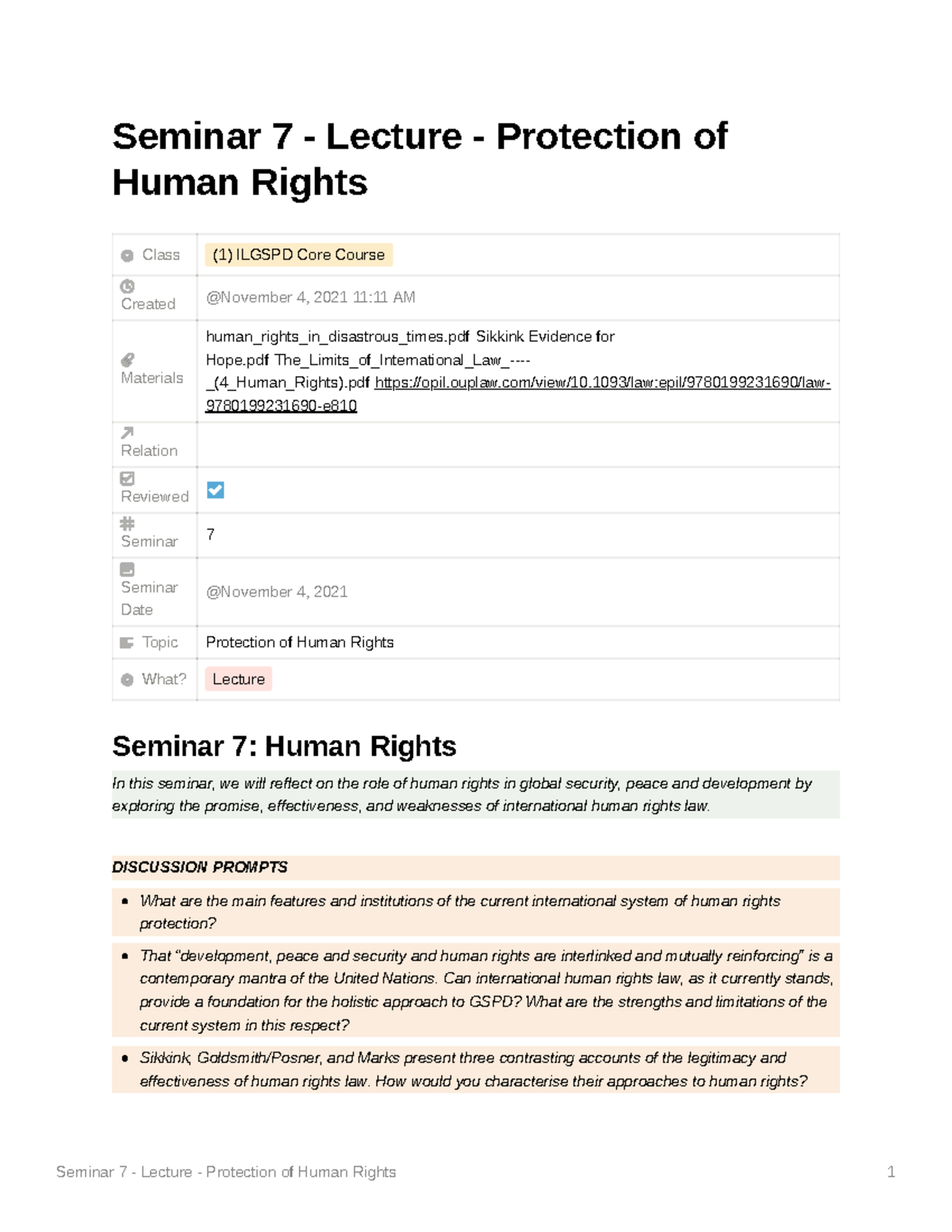 Seminar 7 - Lecture - Protection Of Human Rights - LAW5189 - Studocu