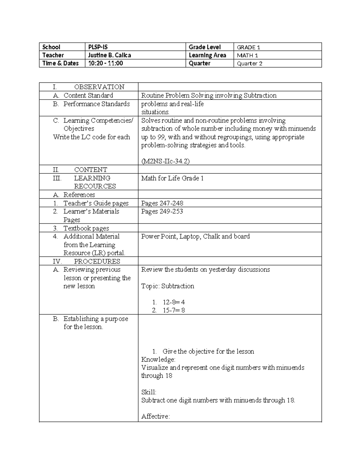 DLP Grade 1 Faith - School PLSP-IS Grade Level GRADE 1 Teacher Justine ...