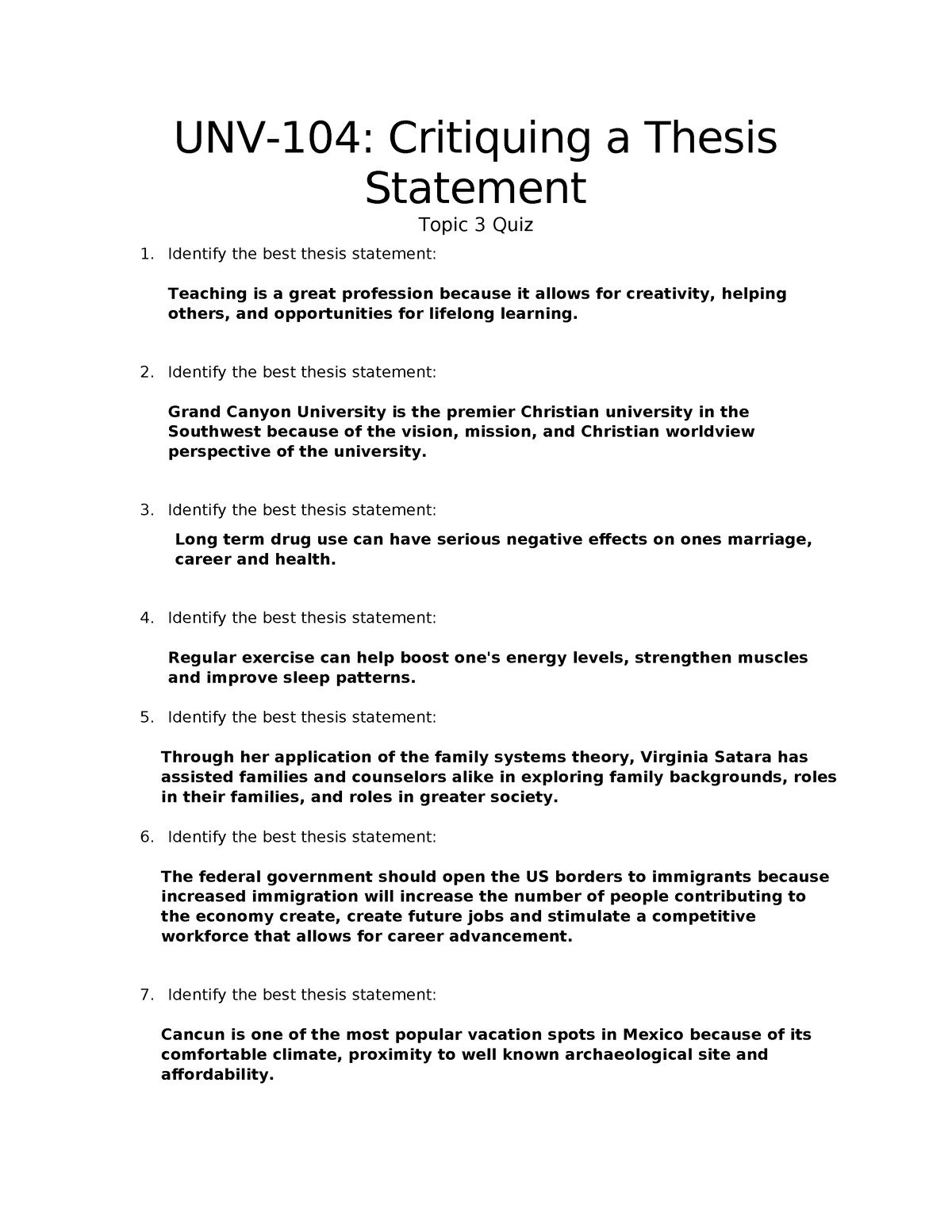 T3 QUIZ Critiquing Thesis Statements - UNV-104: Critiquing a Thesis ...
