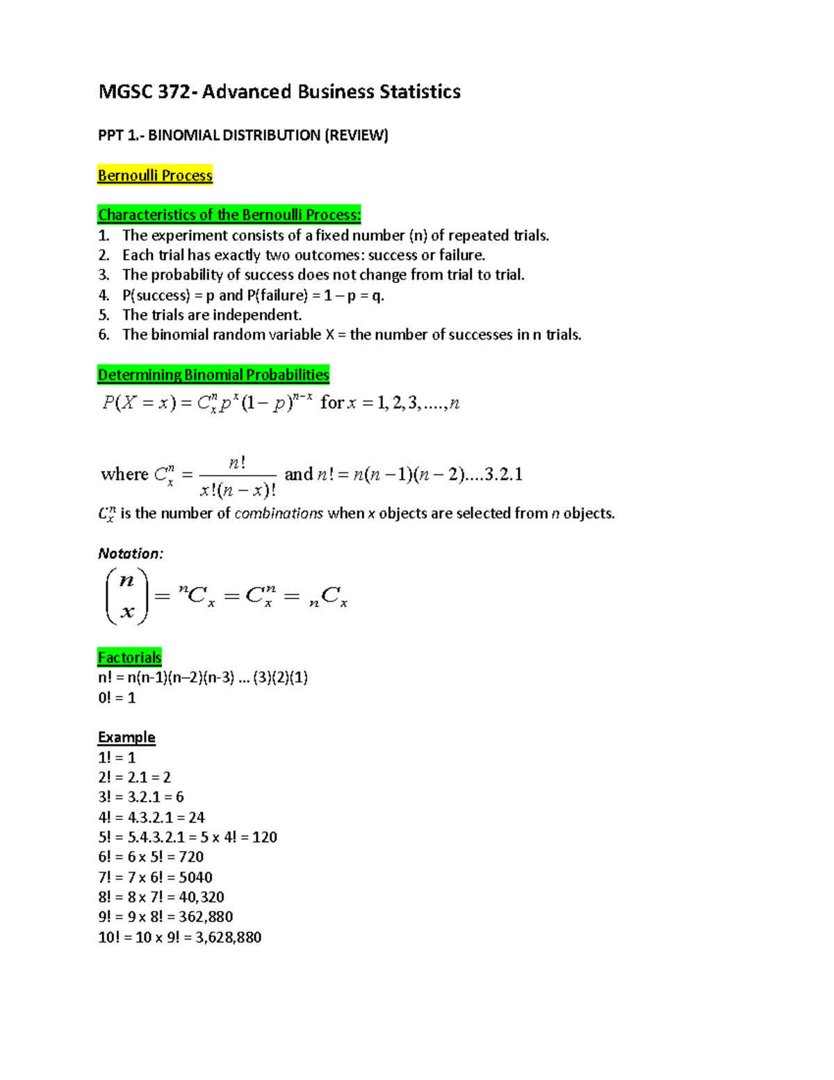 MGSC 372 Part 1 - Summary Of The Lecture - MGSC 372- Advanced Business ...