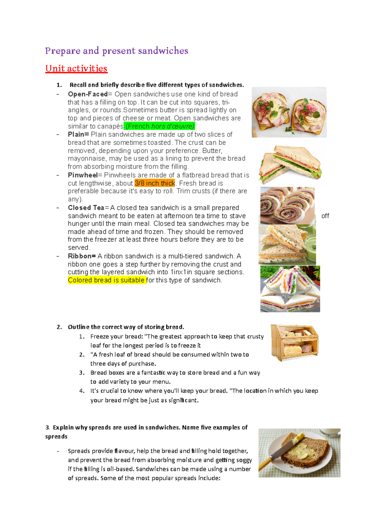 Hospo Notes YEAR 11 Prepare and present sandwiches Unit Activities Prepare and present