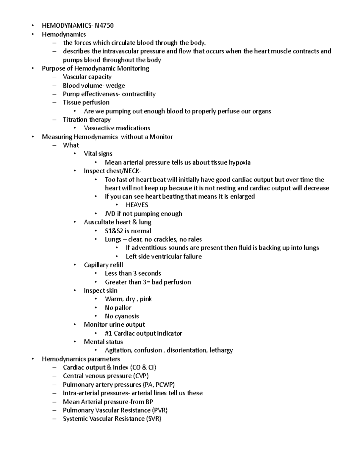 Hemodynamics - nurs 4750 lecture notes - • HEMODYNAMICS- N Hemodynamics ...