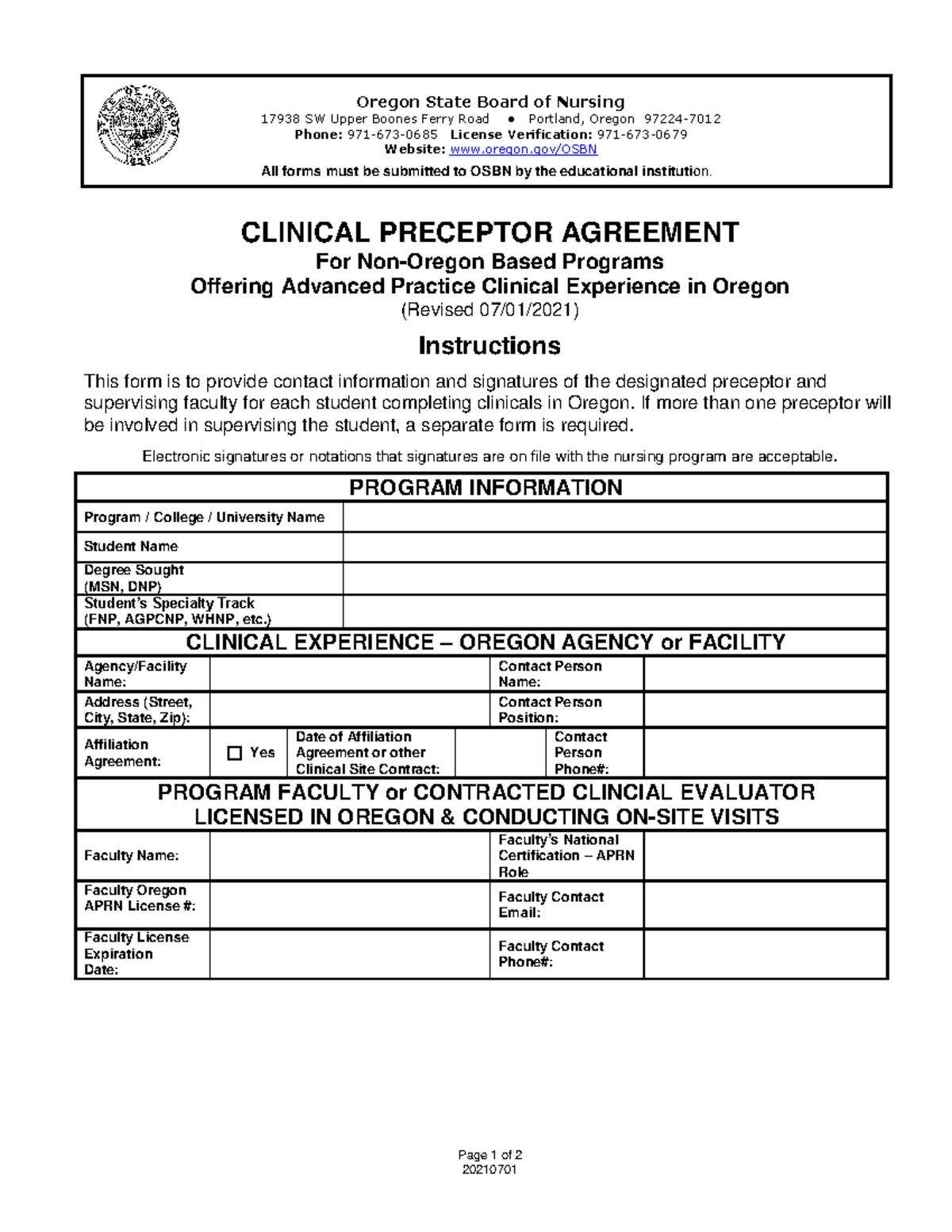 Oregon clinical preceptor agreement Page 1 of 2 20210701 Oregon State