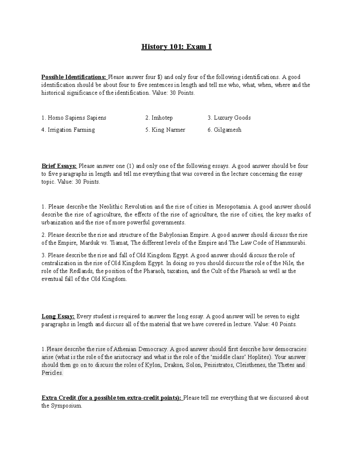 History 101 Exam 1 Summer 2021 - History 101: Exam I Possible ...