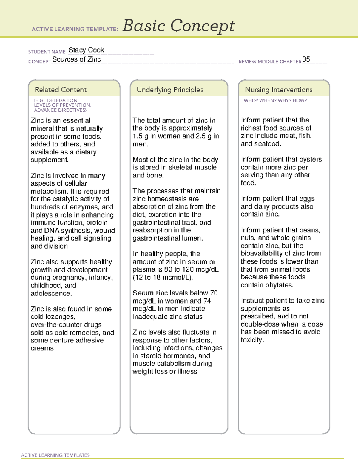 ATI Basic Concept Sources of Zinc ACTIVE LEARNING TEMPLATES Basic