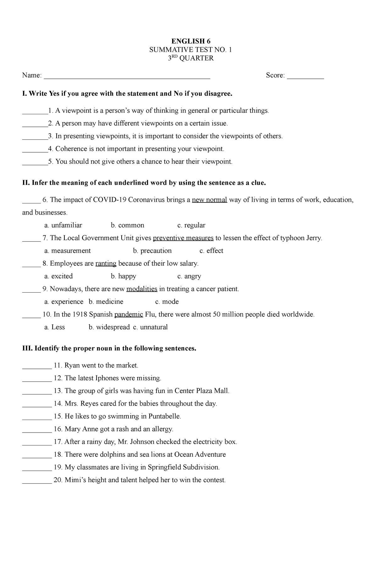 Summative 1 - ENGLISH 6 SUMMATIVE TEST NO. 1 3 RD QUARTER Name: - Studocu