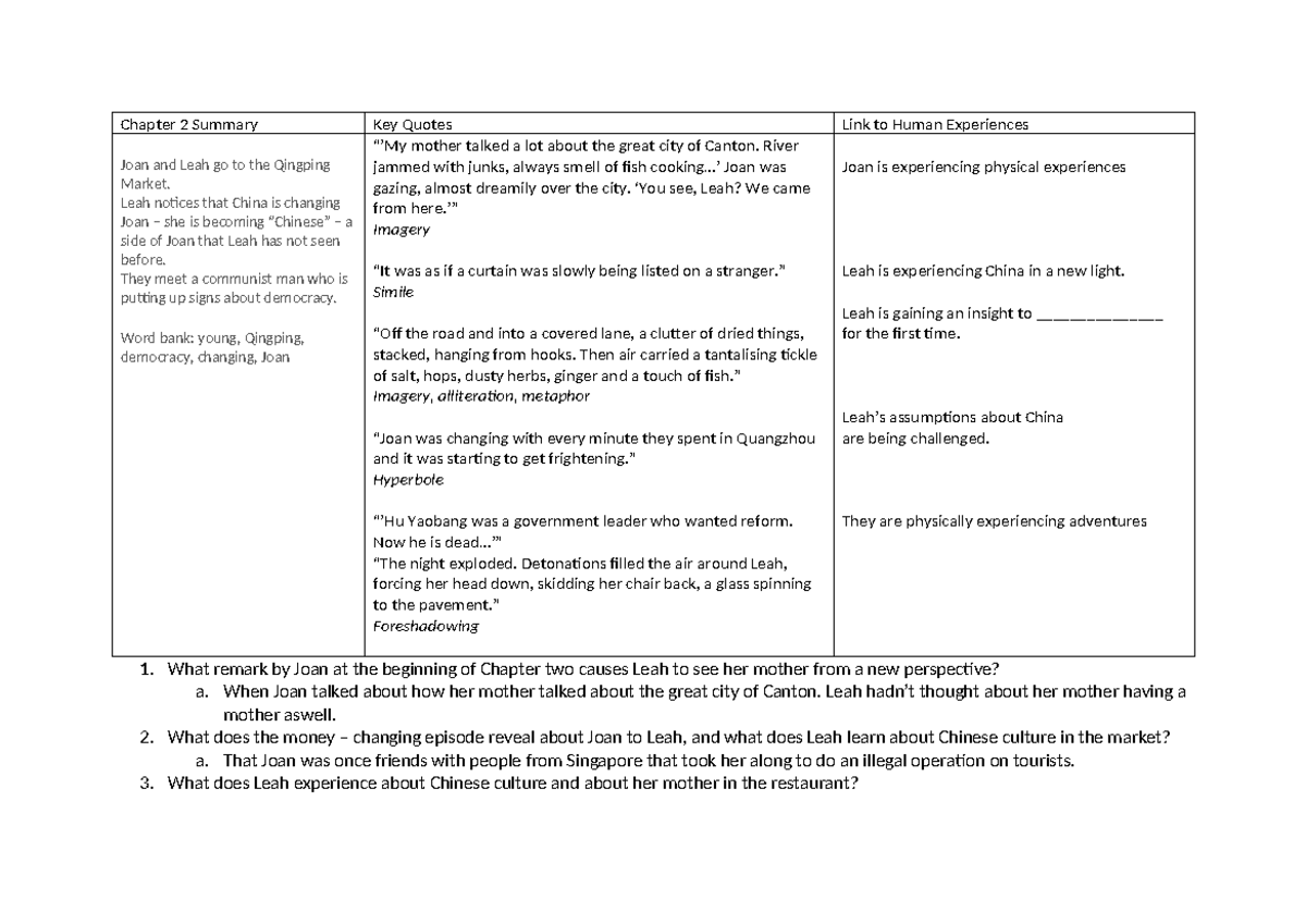 Chapter 2 and 3 handouts china coin - Chapter 2 Summary Key Quotes Link ...