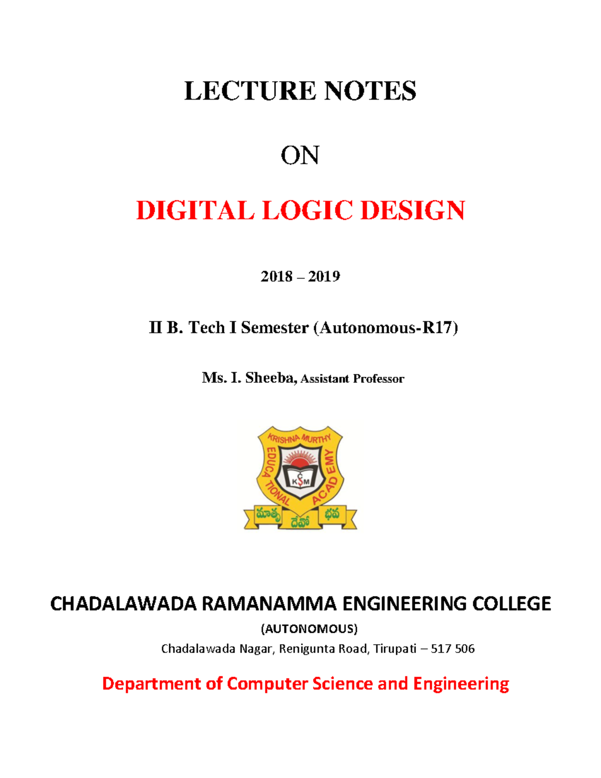 DLD lecture notes - free not - LECTURE NOTES ON DIGITAL LOGIC DESIGN ...