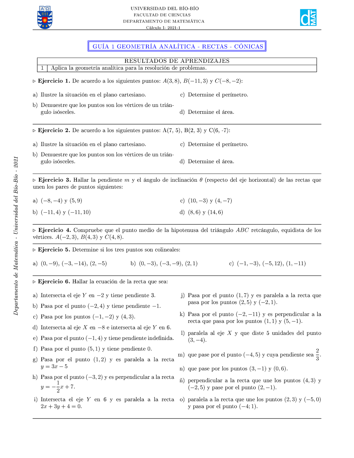 GUÍA 1 GEOMETRÍA ANALÍTICA - RECTAS - CÓNICAS - UNIVERSIDAD DEL BÍO-BÍO ...