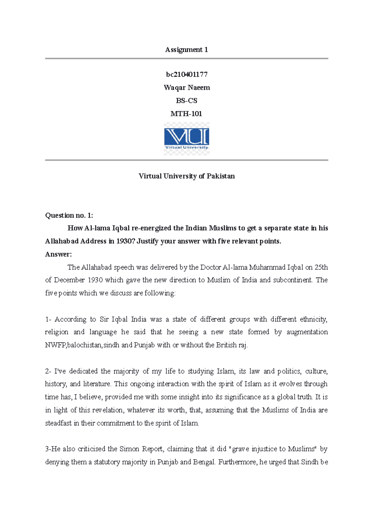 Assignment 1 - non - Assignment 1 bc Waqar Naeem BS-CS MTH- Virtual ...