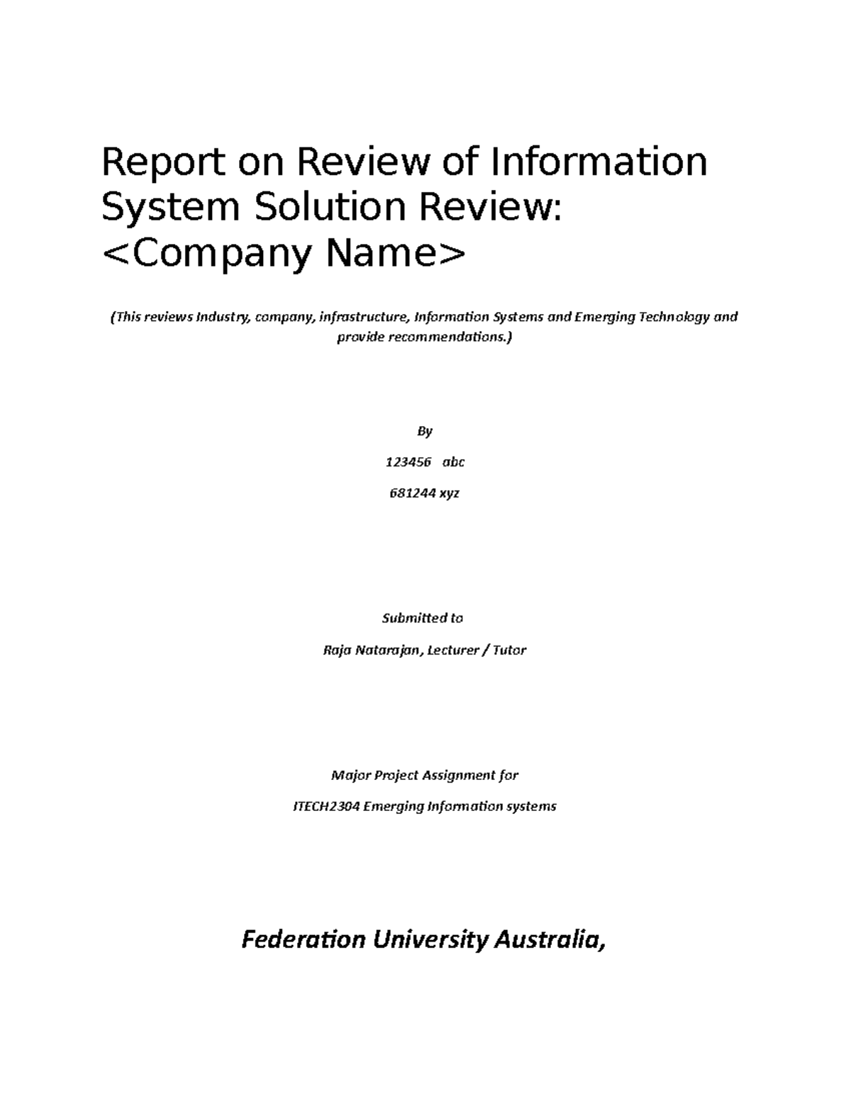 Sampe Assignment Template For Reference Only - Report On Review Of 